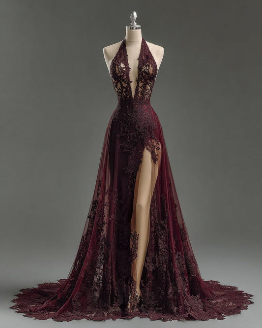 Vintage Burgundy Halter Neck Deep V-Neck Split Train Lace Prom Dress Evening Dress cc5253