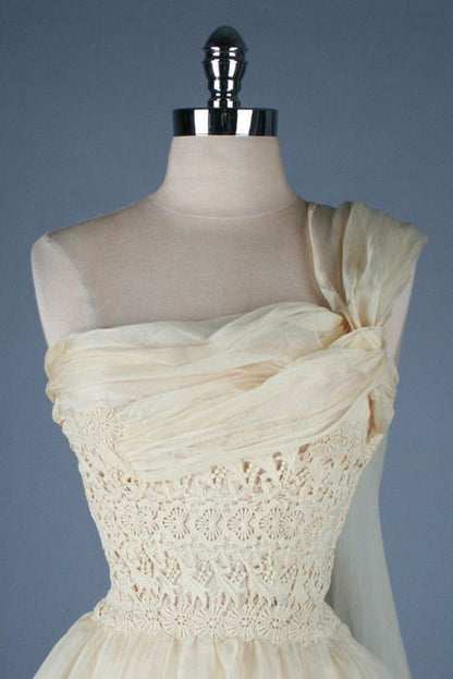 Vintage Ivory One-shoulder Collar Lace Pattern Ribbon Tulle A-line Birthday Party Homecoming Dress cc4553