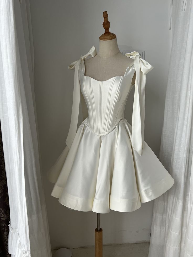 Sweet Princess White Bow Strap Waist A-line Satin 17th Birthday Homecoming Dress cc4555