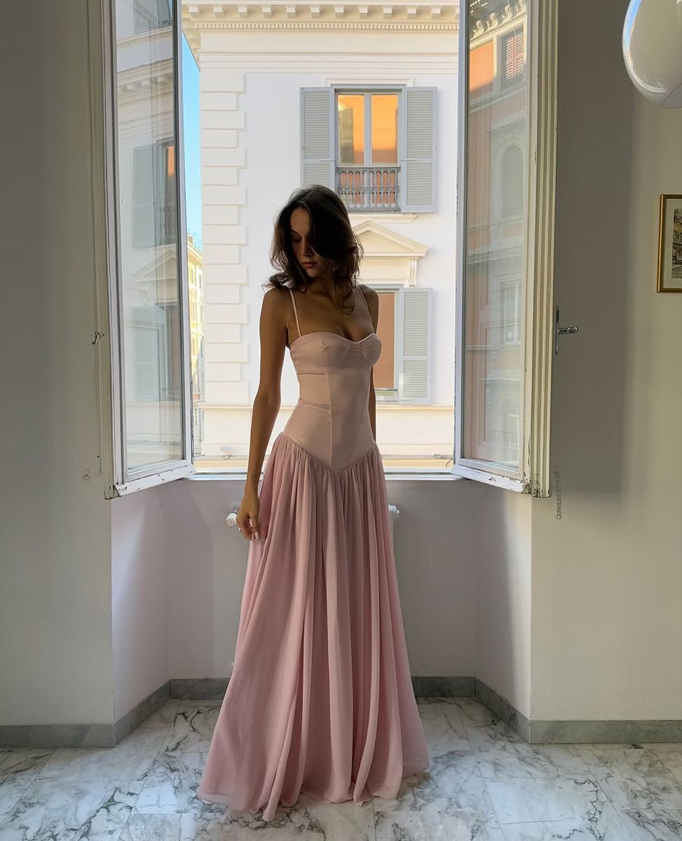 Elegant Pink A-line Spaghetti Strap Tie-back Satin Chiffon Long Prom Dress Evening Dress Bridesmaid Dress cc5255