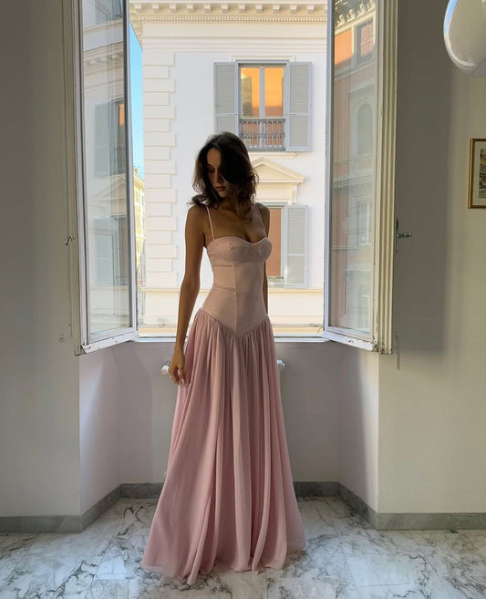 Elegant Pink A-line Spaghetti Strap Tie-back Satin Chiffon Long Prom Dress Evening Dress Bridesmaid Dress cc5255