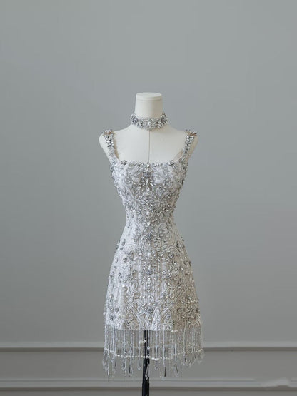 Luxury Sparkling Silver White Rhinestone Crystal Tassel Lace Slim Birthday Short Skirt Homecoming cc4556