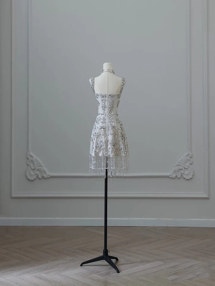 Luxury Sparkling Silver White Rhinestone Crystal Tassel Lace Slim Birthday Short Skirt Homecoming cc4556