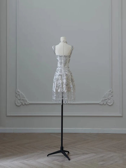Luxury Sparkling Silver White Rhinestone Crystal Tassel Lace Slim Birthday Short Skirt Homecoming cc4556