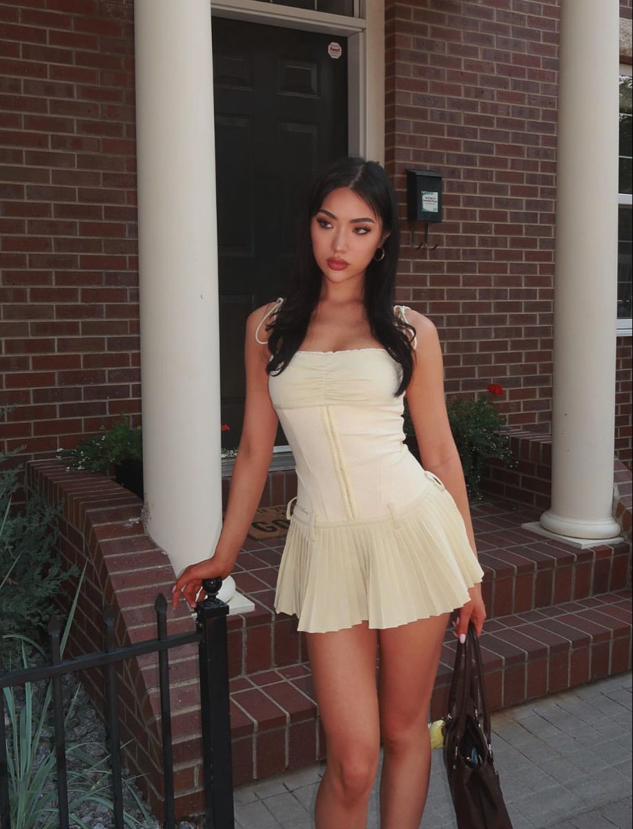 Sweet Light Yellow Suspender Pleated Waist Pleated Skirt Homecoming Dress cc4557