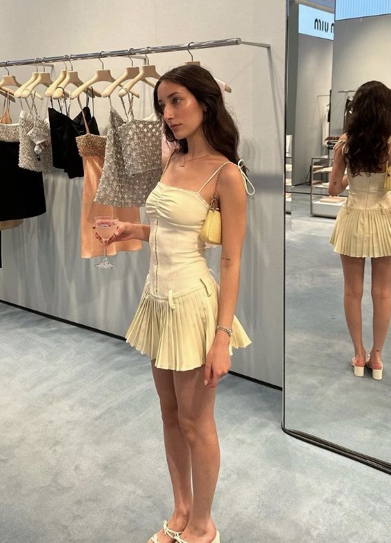 Sweet Light Yellow Suspender Pleated Waist Pleated Skirt Homecoming Dress cc4557