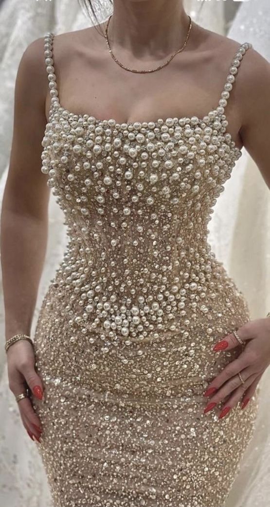 Luxury Champagne Gold Mermaid Strap Square Neck Pearl Sequin Long Rrom Dress Evening Dress cc4756