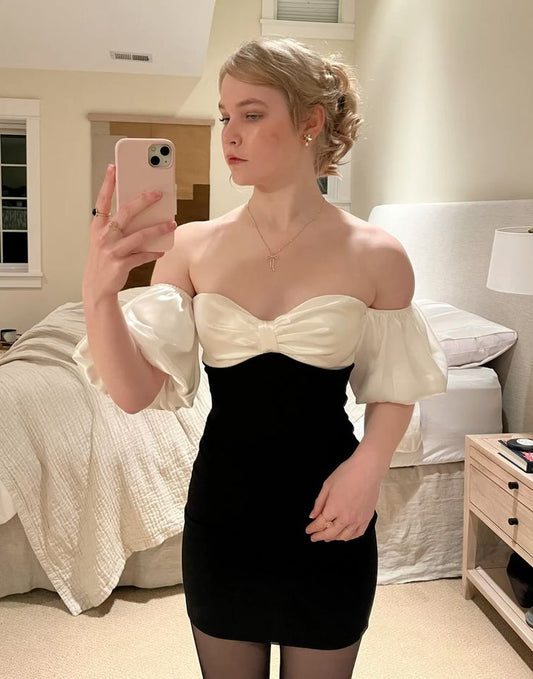 Elegant Black And White Colorblock Puff Short Sleeve Satin Slim Birthday Skirt Homecoming Dress cc4560