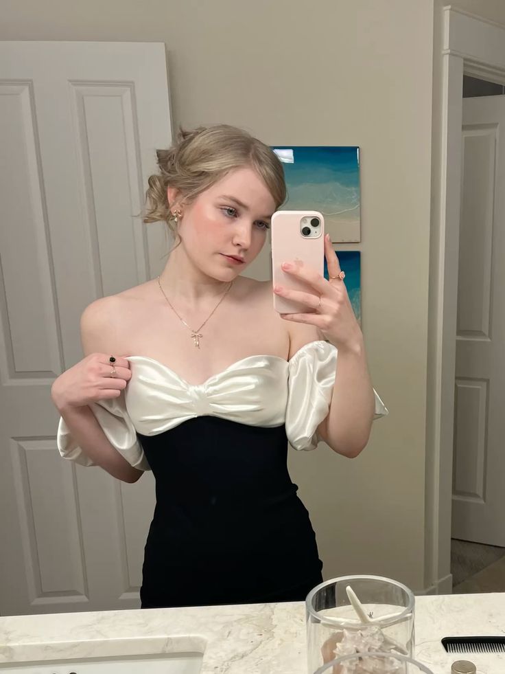 Elegant Black And White Colorblock Puff Short Sleeve Satin Slim Birthday Skirt Homecoming Dress cc4560