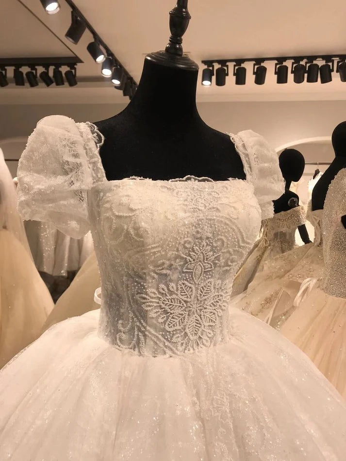 Princess White Square Neck Puff Sleeve Lace Beaded Tulle Tea-Length Wedding Dress cc5260