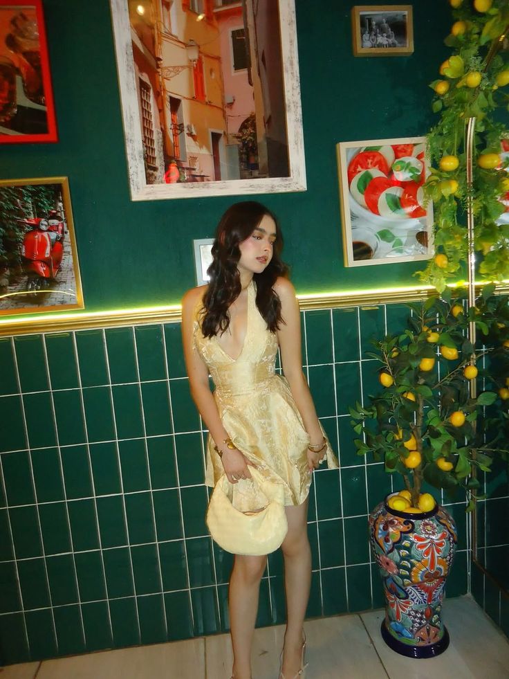 Vintage Light Yellow Deep V Halter Neck Dark Pattern Jacquard Satin A-line Birthday Party Homecoming Dress cc4565