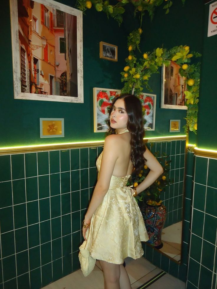 Vintage Light Yellow Deep V Halter Neck Dark Pattern Jacquard Satin A-line Birthday Party Homecoming Dress cc4565