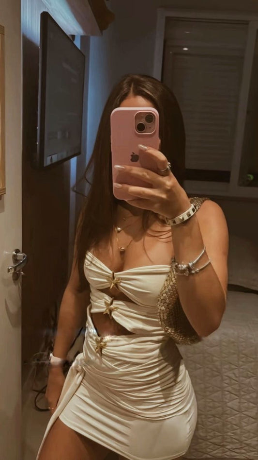 Fashionable White Tube Top Waist Hollow Star Slim Fit Birthday Party Homecoming Dress cc4568