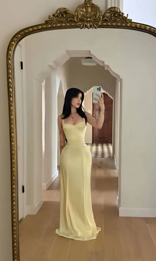 Elegant Yellow Slim-fit Spaghetti Strap Satin Long Prom Dress Evening Dress Bridesmaid Dress cc5268