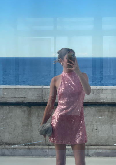 Sparkling Pink High Neck Sequin Slim Backless Birthday Party Homecoming Dress cc4573