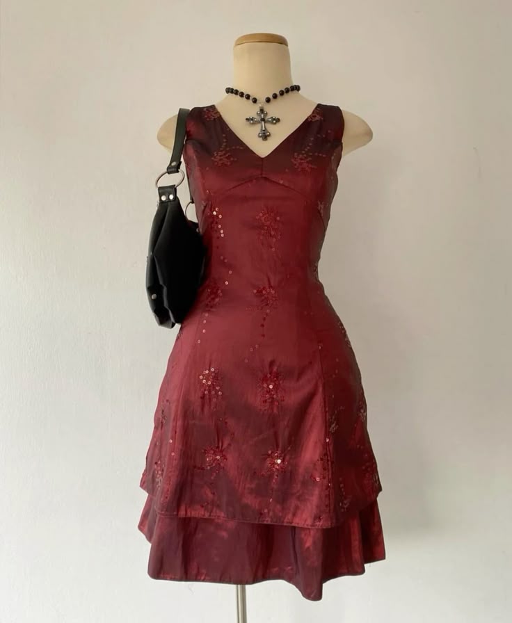 Vintage Burgundy V-neck Dark Floral Ruffled Satin Birthday Party Homecoming Dress cc4574