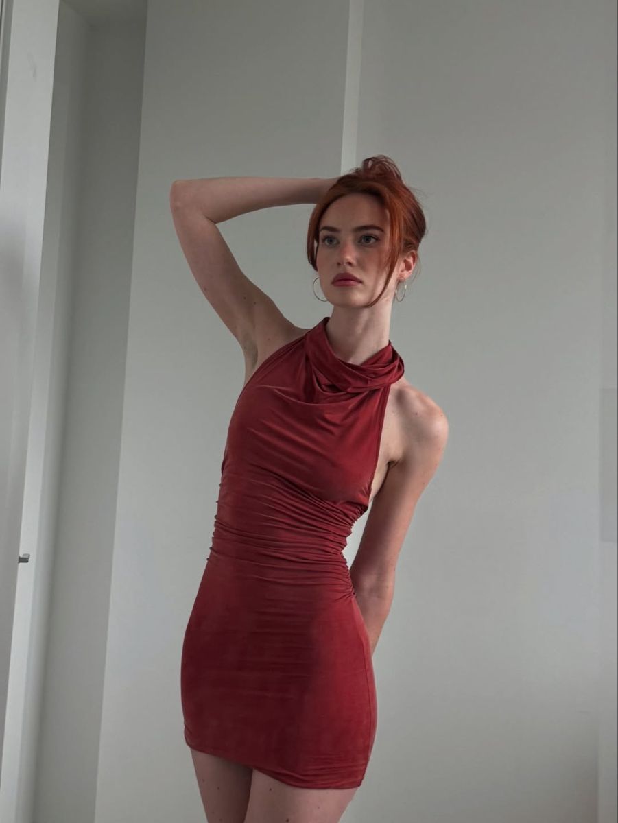 Elegant Brick Red High Collar Open Back Slim Hip Birthday Party Homecoming Dress cc4576