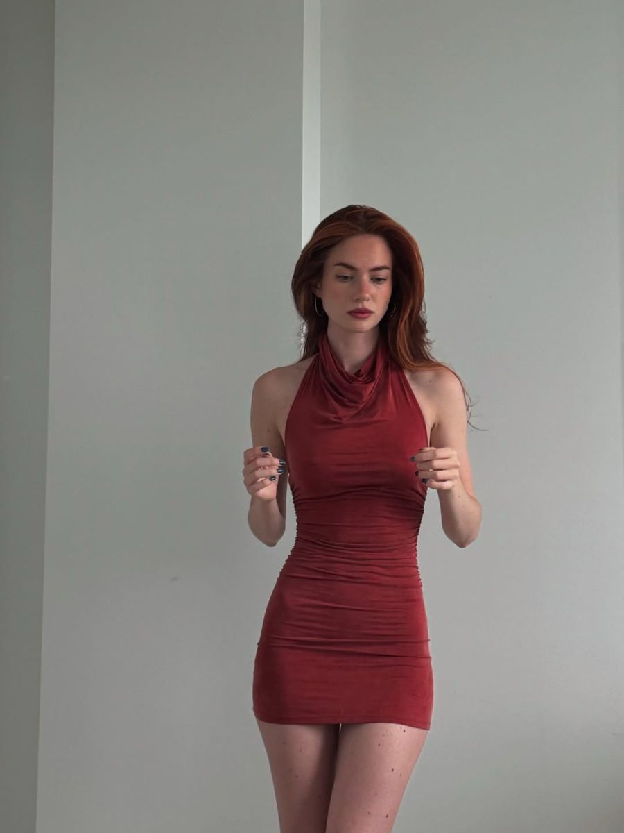 Elegant Brick Red High Collar Open Back Slim Hip Birthday Party Homecoming Dress cc4576