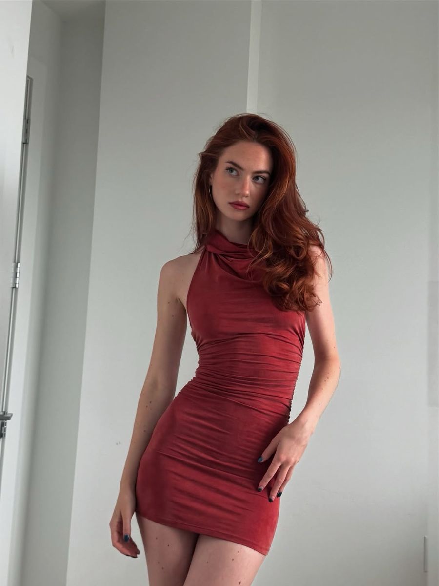 Elegant Brick Red High Collar Open Back Slim Hip Birthday Party Homecoming Dress cc4576