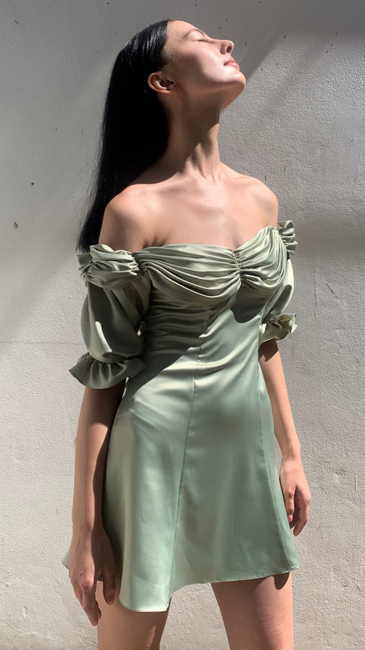Elegant Light Green One-shoulder Pleated Back Tie Satin Mini 17th Birthday Homecoming Dress cc4578