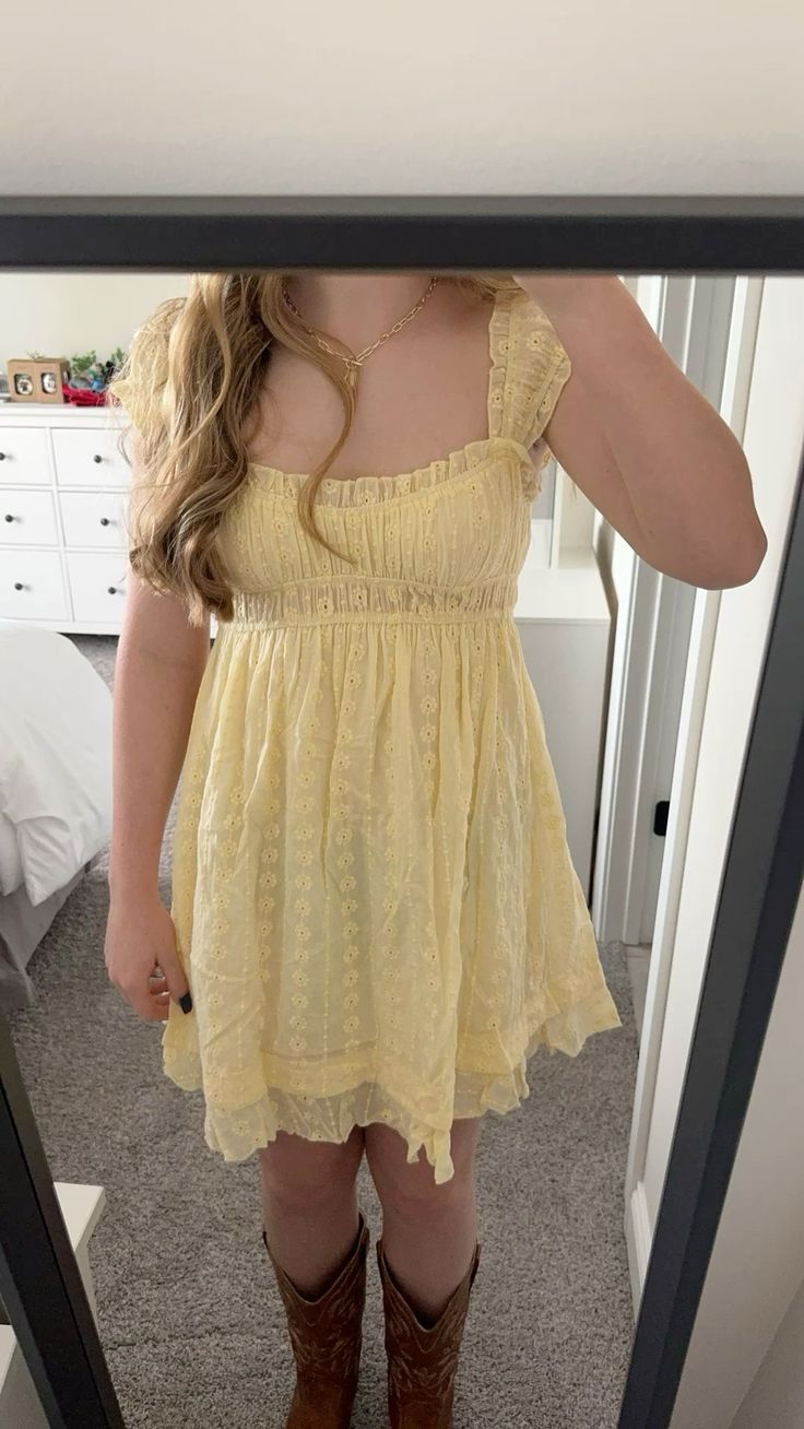 Sweet Light Yellow Square Neck Ruffle Sleeves Embroidered Waist A-line Birthday Dress Homecoming Dress cc4058