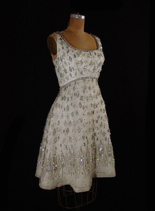 Gorgeous Retro White Square Neck Beaded Sequin Waist Shining Birthday Party Homecoming Dress cc4580