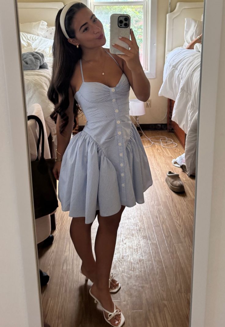 Sweet Light Blue Striped Halter Collar Button A-Line Birthday Party Homecoming Dress cc4584