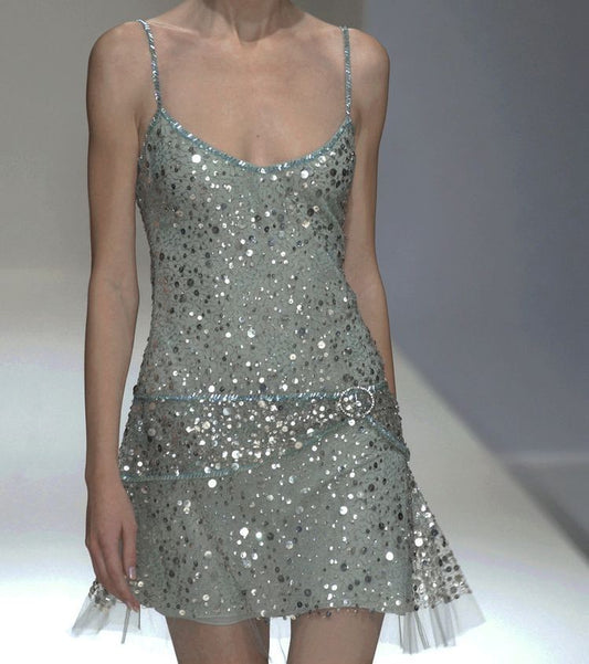 Shining Silver-gray Suspender Sequin Waist Birthday Party Homecoming Dress cc4587