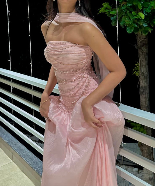 Elegant Pink A-line Strapless Pearl Chain Tulle Long Prom Dress Evening Dress cc5389