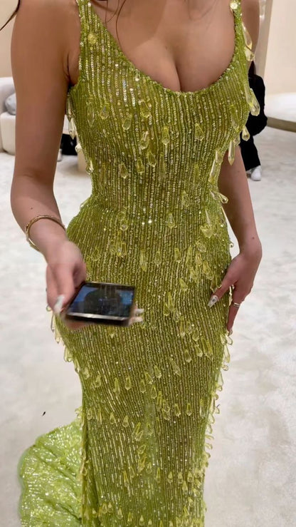 Luxury Bright Green Mermaid Sequin Long Prom Dress Evening Dress cc4759