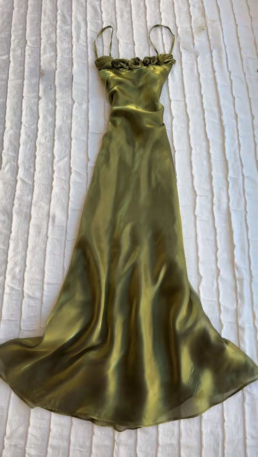 Vintage Olive Green Spaghetti Strap Strapless 3D Floral Satin Long Prom Dress Evening Dress cc5392
