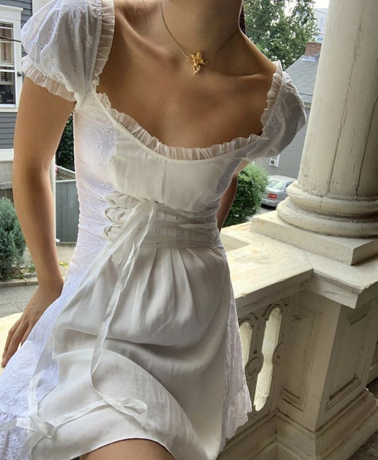 Sweet White Lace Short-sleeved Hollow Embroidery Waist Birthday Homecoming Dress cc4597