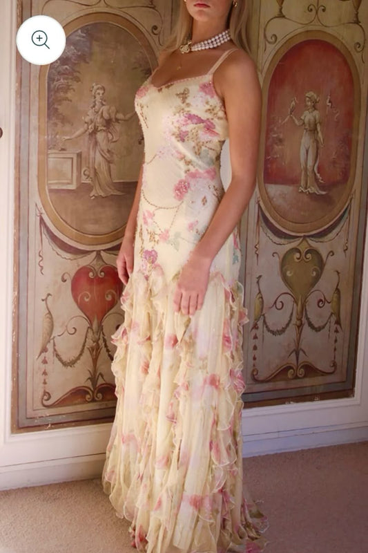 Retro Print Slim Fit Strapless Ruffle Chiffon Long Prom Dress Evening Dress cc4760