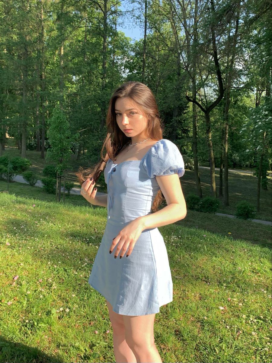 Sweet Light Blue Puff Sleeve Waist Mini Birthday Skirt Homecoming Dress cc4601