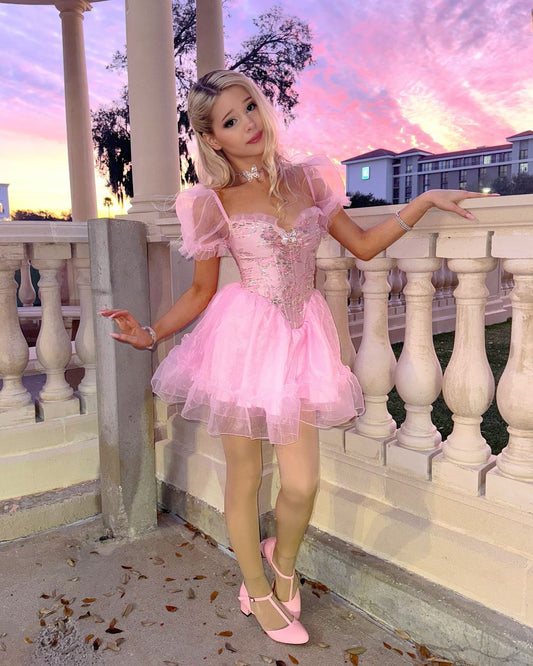 Dream Princess Pink Puff Sleeve A-Line Tulle Birthday Party Homecoming Dress cc4602