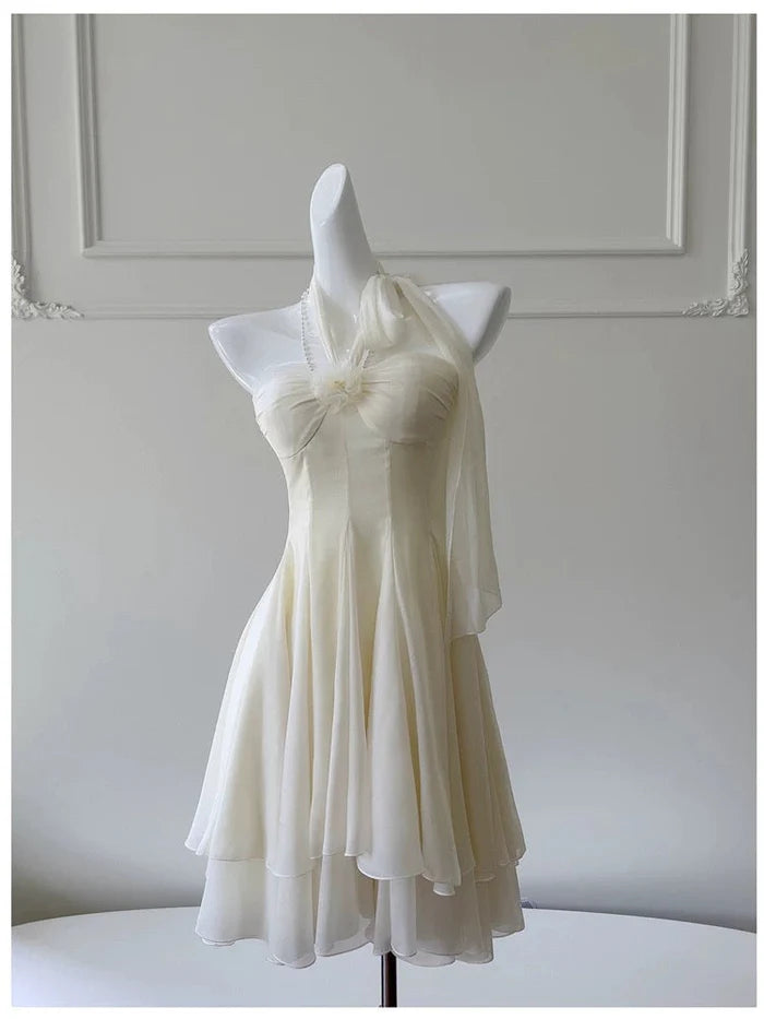 Elegant Ivory Halterneck Floral Ribbon Chiffon Mini 17th Birthday Homecoming Dress cc4604