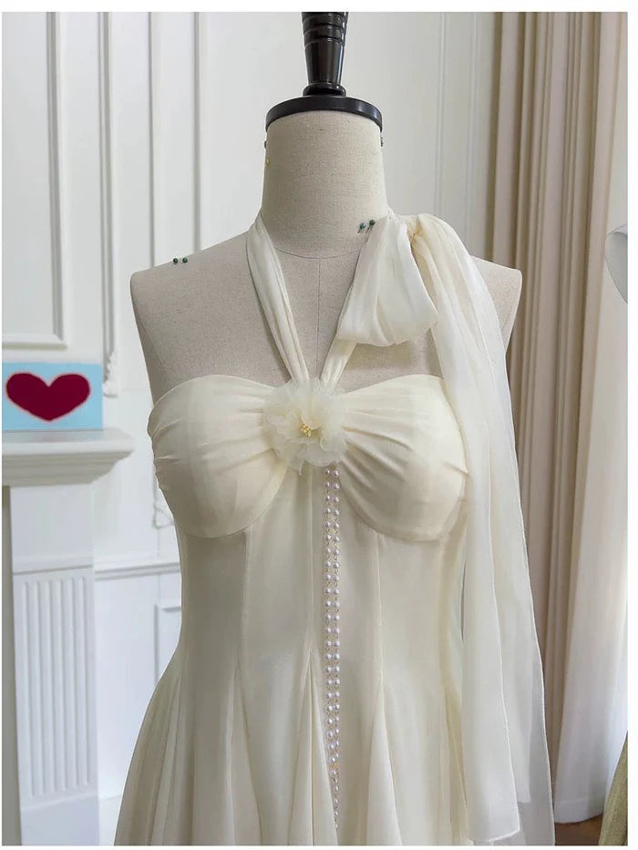 Elegant Ivory Halterneck Floral Ribbon Chiffon Mini 17th Birthday Homecoming Dress cc4604