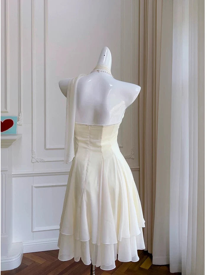 Elegant Ivory Halterneck Floral Ribbon Chiffon Mini 17th Birthday Homecoming Dress cc4604
