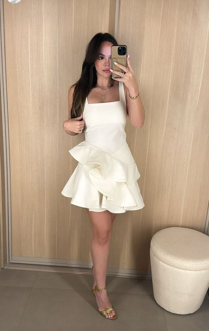 Simple And Elegant White Square Neck Irregular Ruffled Satin Birthday Party Homecoming Dress cc4606