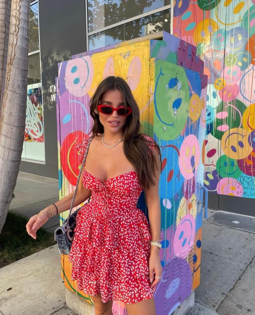 Sweet And Vibrant Red Neckline Tie Short Sleeves Printed Ruffle Waist A-line Chiffon 17th Birthday Homecoming Dress cc4609