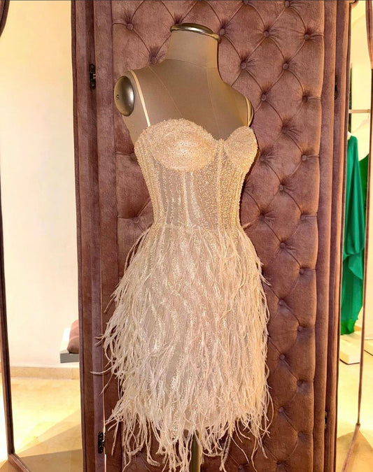 Gorgeous Strapless Tube Top Sequin Feather Skirt Birthday Dress Homecoming Dress cc4061