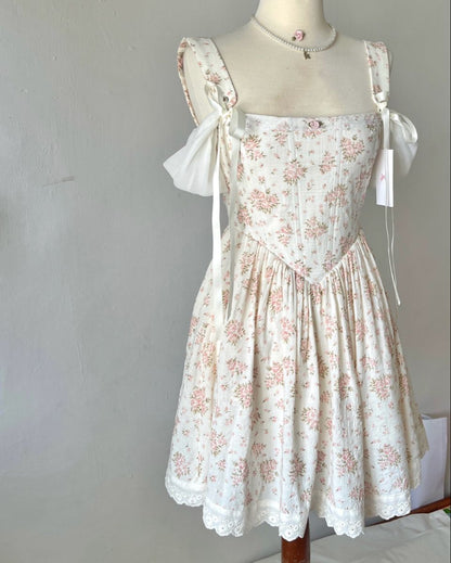 Retro Off-white Base With Pink Small Flowers Square Neckline Bow Shoulder Strap Waist A-line 16th Birthday Homecoming Dress cc4611