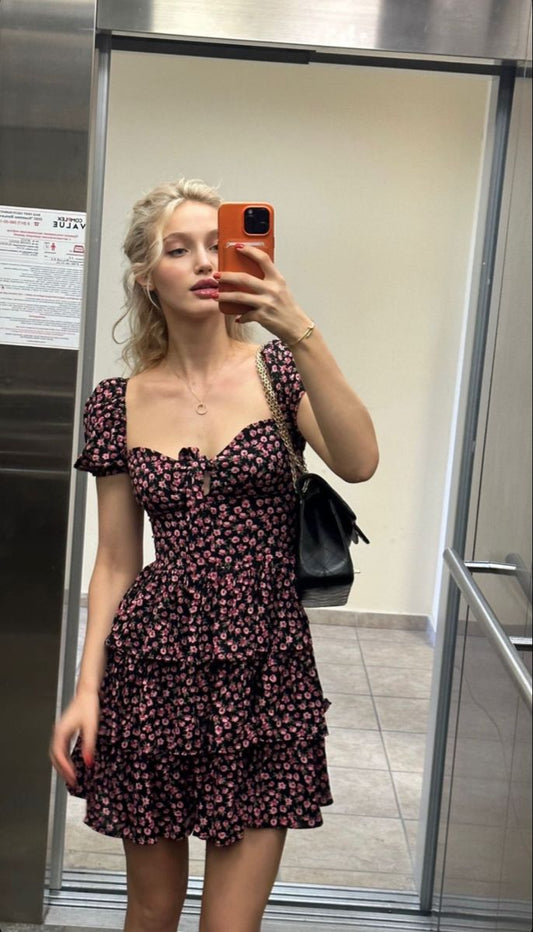 Retro Black Bottom With Pink Flower Puff Sleeve Chiffon Ruffle 17th Birthday Homecoming Dress cc4612