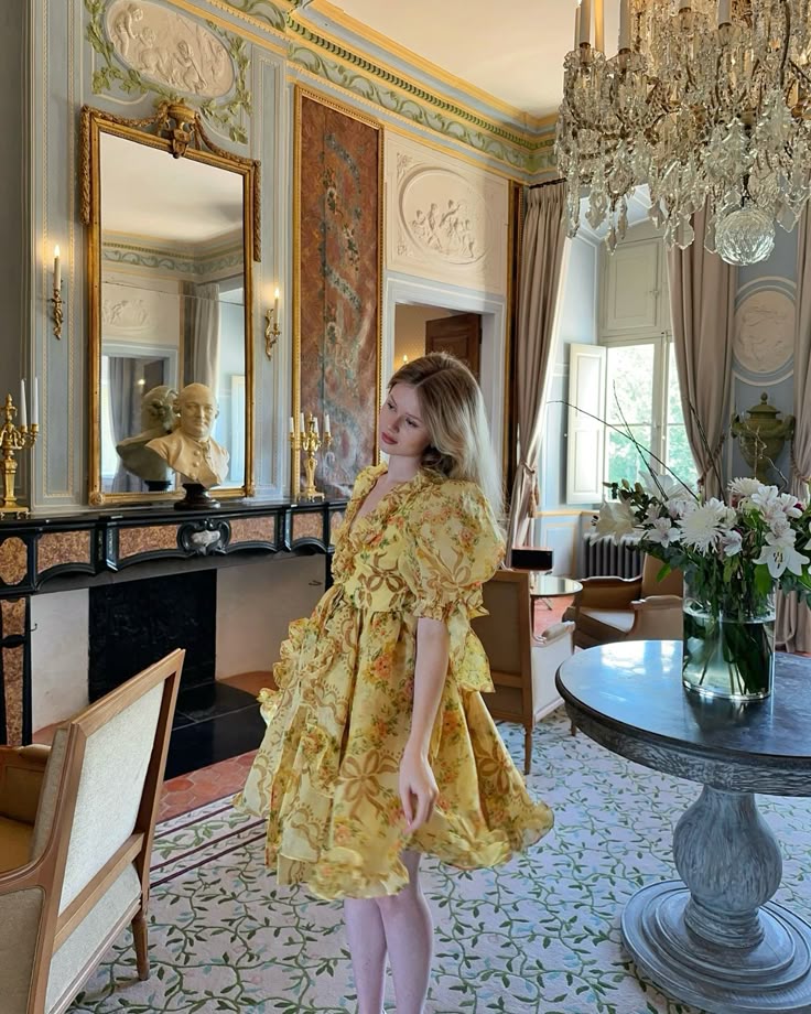 Gorgeous Retro Yellow Floral V-neck Ruffled Puff Sleeve Waist A-line 17th Birthday Homecoming Dress cc4613