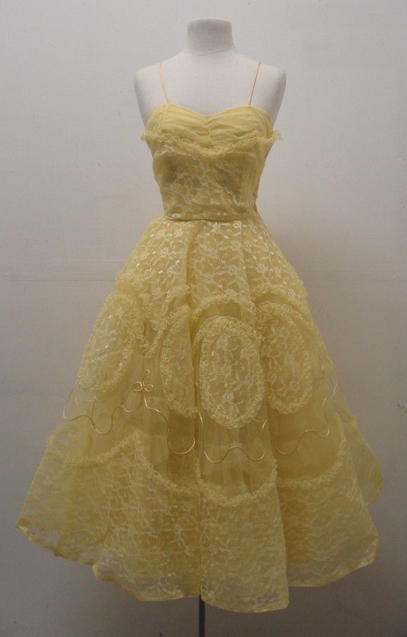 Vintage Yellow Spaghetti Strap Lace Pattern A-line Birthday Party Homecoming Dress cc4614