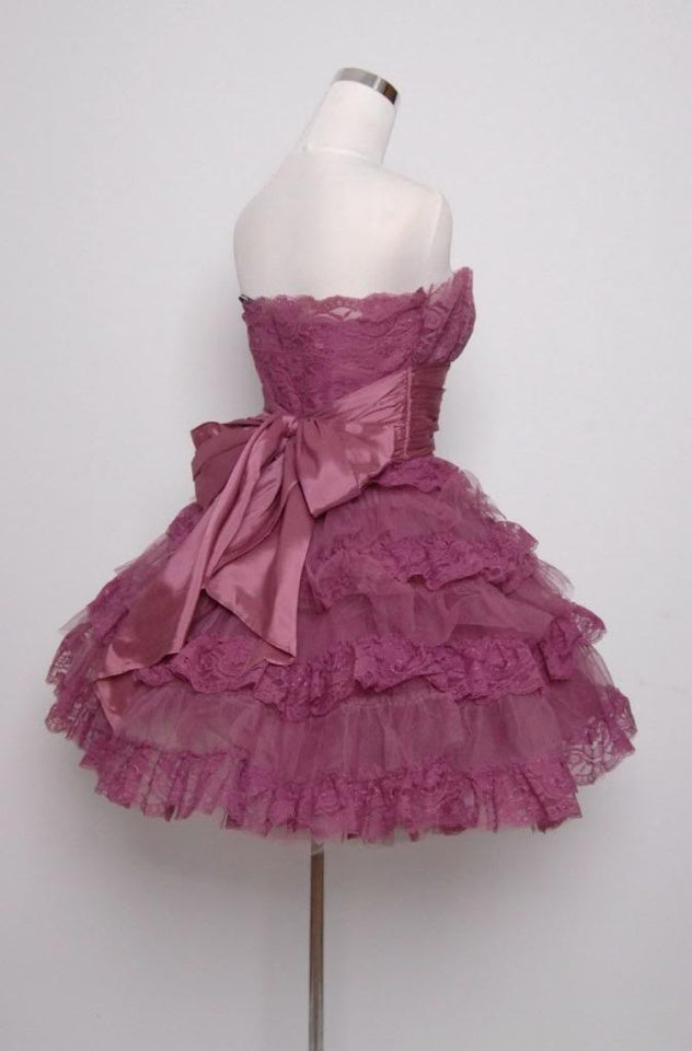 Gorgeous Purple Tube Top Bow Multi-layer Lace Patchwork A-line Birthday Party Homecoming Dress cc4615