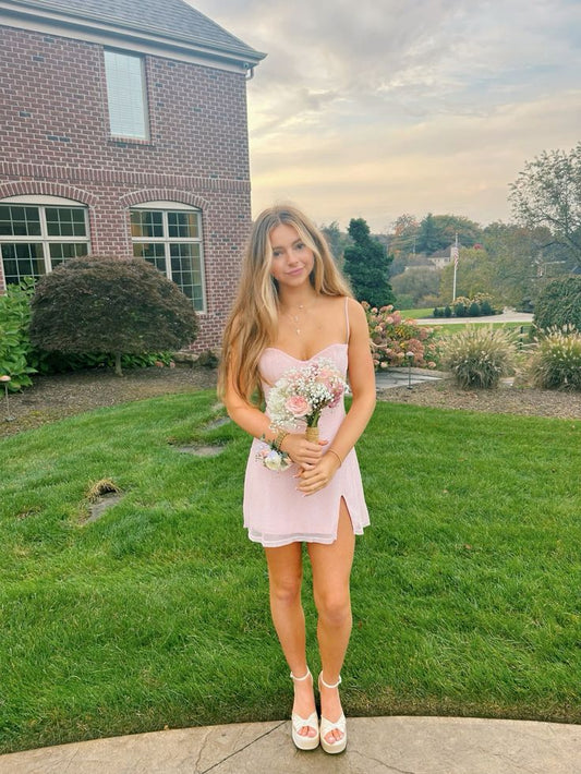 Sweet Pink Thin Strap Slim Slit Chiffon 17th Birthday Homecoming Dress cc4618