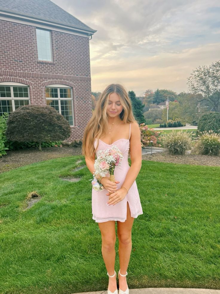 Sweet Pink Thin Strap Slim Slit Chiffon 17th Birthday Homecoming Dress cc4618