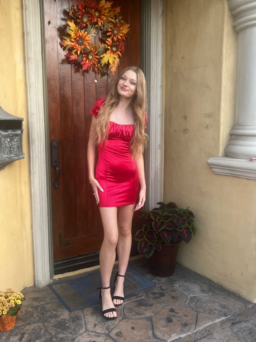 Sweet Red Square Neck Puff Sleeve Slim Hip Satin Birthday Party Homecoming Dress cc4619