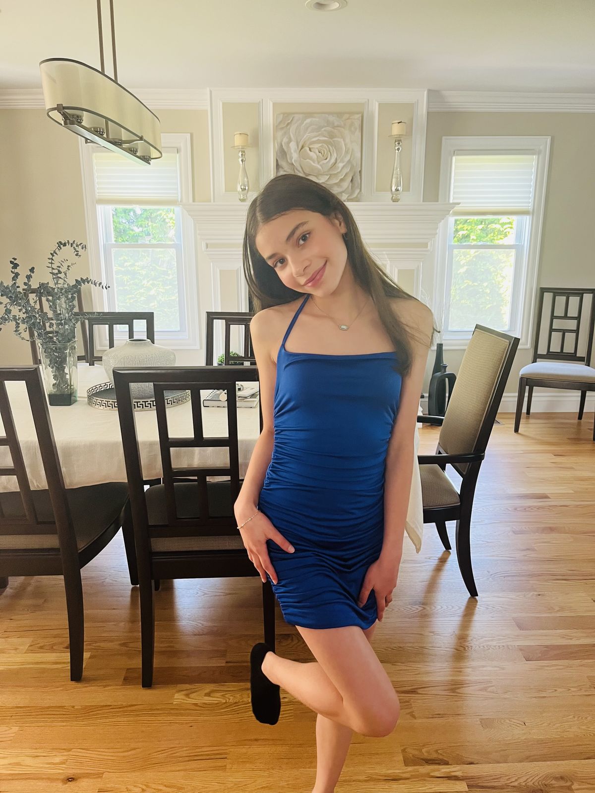 Simple Blue Halterneck Slim-fit Hip-wrapped Pleated Stretch 17th Birthday Homecoming Dress cc4623